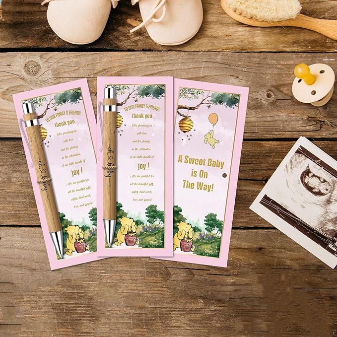 Toerifer Winnie Baby Shower Set: 30 Pcs, Bamboo Pens, Greeting Cards, Gender Reveal Souvenirs, Decor
