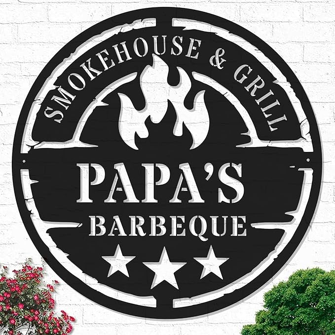 Personalized BBQ Metal Sign - Outdoor Patio Bar Grill Name Sign - Backyard Barbecue Wall Mount - Custom Father's Day, Birthday Gift for Dad, Husband, Grandpa