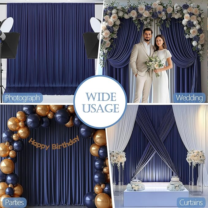 30x10ft Wrinkle Free Navy Blue Backdrop Curtain for Parties Soft Fabric Drapes Wedding Curtain Backdrop for Birthday Party Decorations Background for Photography 5x10ft, 6 Panels