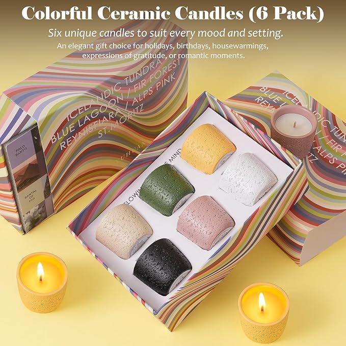 Viyffo Scented Candles – 6 Pack Small Christmas Candles for Gifts, Mini Soy Candle Set for Women & Men, 2 oz Non Toxic Aromatherapy Velas, Colorful Ceramic Jar Perfect for Home Scented, Holiday Decor