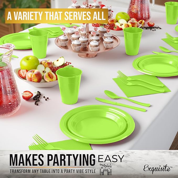 Party Solids 350 Pieces Lime Green Plastic Plates For Party, Lime Green Disposable Plates Set, 50 Of Each 9" Dinner Plate Set, 7" Dessert Plate, Cups, Napkins & Cutlery Plastic Dinnerware