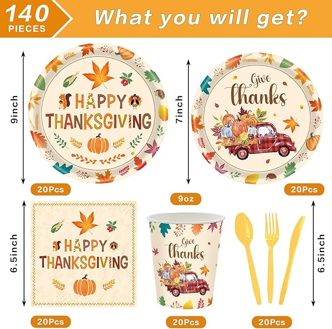 140pcs Thanksgiving Party Decorations Happy Fall Maple Leaves Plates and Napkins Tableware Set for Fall Harvest Thanksgiving Birthday Halloween Party Decorations