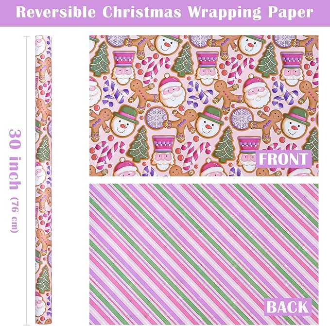 WRAPAHOLIC 30 Inch Jumbo Reversible Gingerbread Christmas Wrapping Paper - 30 Inch x 33 Feet - Pink Purple Stripes and Gingerbread Wrapping Paper for Xmas Holiday, Party Celebration