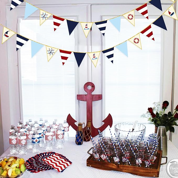 Navy Red Beige Gold Glitter Stamping Paper Pennant Banner Flag Triangle Bunting for Nautical Pirate Ahoy Achor Theme Birthday Baby Shower Wedding Let's Get Nauti Bachelorette Party Decoration Supplies