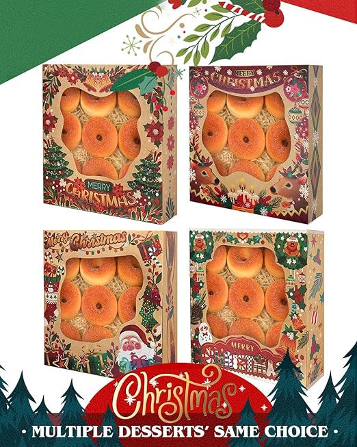 qiqee Christmas Kraft Cookie Boxes with Window 30packs 8x8x2.5 Inch Bakery Box Pastry Box for Christmas