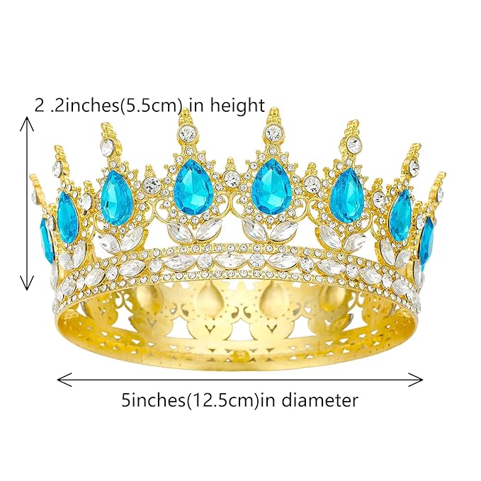 Queen Rhinestone Wedding & Bridal Crowns - Gold & Light Blue Tiaras for Women's Costume Party & Princess Birthday Accessories