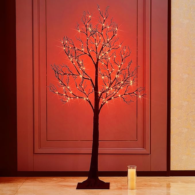 Birchlitland Halloween Tree with Lights 150 Orange Fairy Lights, 4TF Tell Black Glittered Tree Lights Pull in for Indoor and Outdoor Halloween Party Decoration