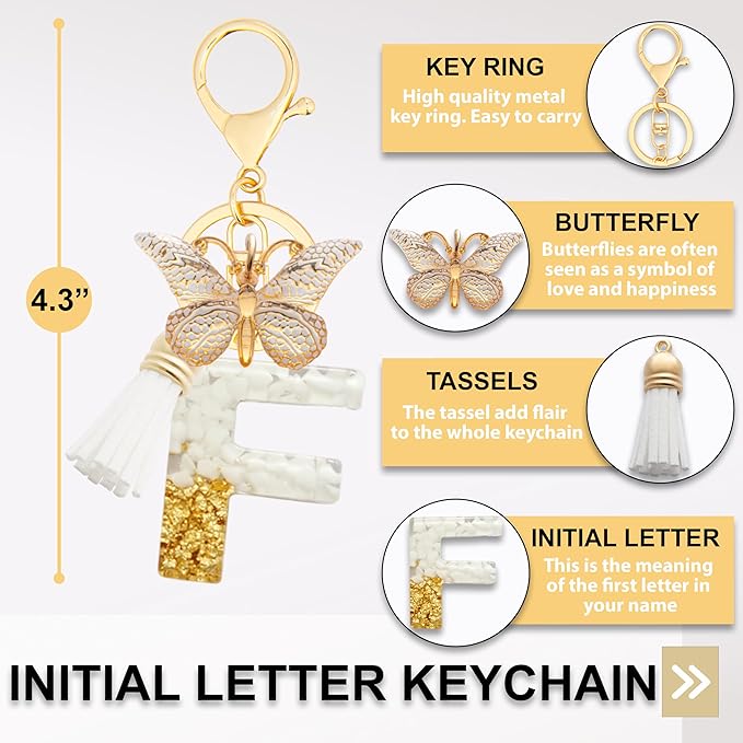 Initial Letter Keychain, Butterfly Keychain Cute Resin, Initial Keychain Backpack Charms, Key chain for Women, Girls
