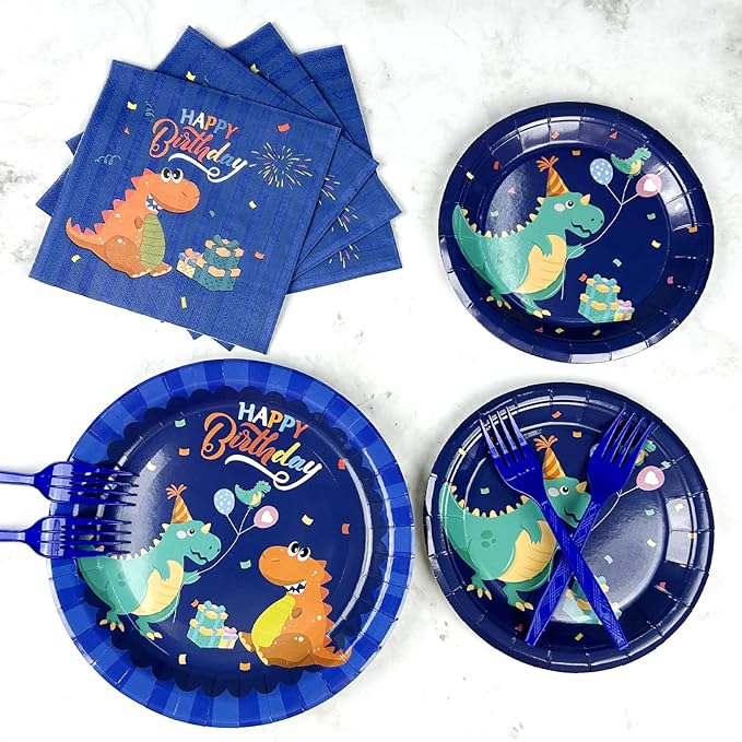 96 PCS Dinosaur Party Supplies Blue Dinosaur Birthday Party Tableware Set for Boy Kids Blue Dino Plates Napkins Forks Party Decorations for 24 Guests
