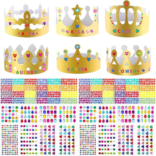 76 Pcs Paper Crowns for Kids Boys Girls Adults Princess Prince King, Classroom Crown, Birthday Party Hats with Gold Gem Jewels Number Letter Stickers, DIY Decor Favor Supplies