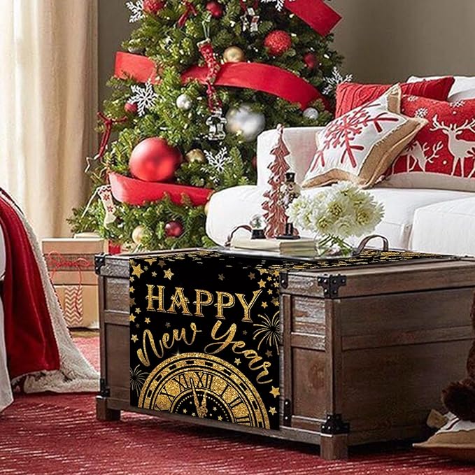 Seliem Happy New Year 2026 Table Runner, Black Gold Stars Clock Celebration Kitchen Dining Table Decor, Golden Fireworks Christmas Winter Home Decoration Indoor Outdoor Party Supply 13 x 36 Inches
