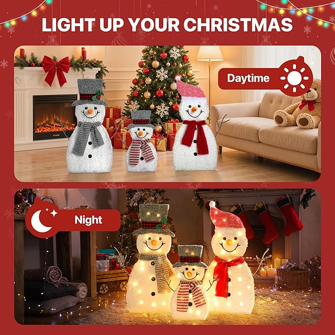 GENIMO 3-Piece 2D Outdoor Snowman Christmas Decorations Yard, 30 inch Pre Lit Snowman Family with 70 Led Lights Outside Indoor Holiday Lighted Christmas Decor for Lawn