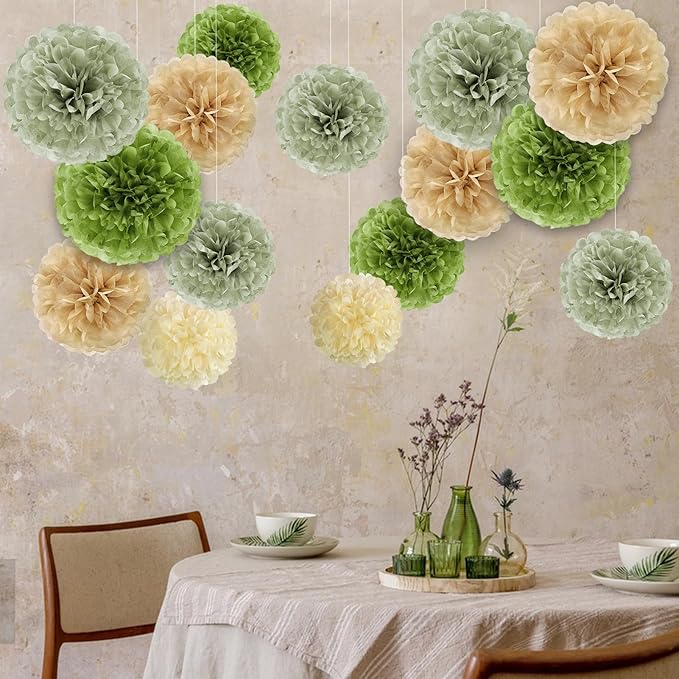 Olive Sage Green Tissue Paper Pom Poms Safari Jungle Party Decorations Paper Flowers Decorations Natural Green Boho Hanging Décor for Birthday Baby Shower Bridal Wedding Party Supplies