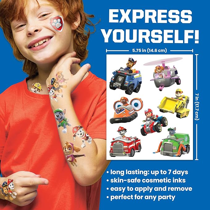 Paw Patrol Temporary Tattoos for Kids (50 pack). Made in the USA w Certified Safe Ink. Birthday Party Supplies and Party Favors Kit. Bulk Temporary Tattoos Stickers Set for Girls and Boys.