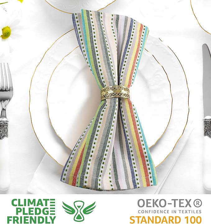Urban Villa Cloth Napkins Beige Multi Stripes 100% Cotton Absorbent Dinner Napkins (Set of 12) 20x20 Inches Soft Durable Washable Reusable Ideal for Everyday Use Wedding Parties Cloth Dinner Napkins