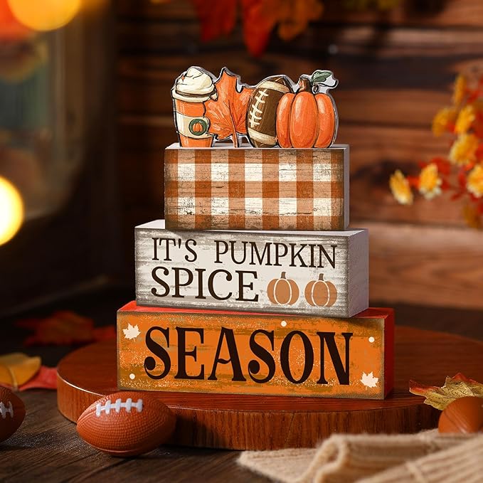 4 Pcs Fall Football Decorations for Home Thanksgiving Table Decor Fall Tiered Tray Decor Decorative Football Maple Leaves Pumpkins Block Signs Farmhouse Thanksgiving Centerpiece for Home