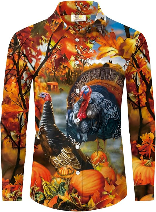 Arvilhill Men's Thanksgiving Long Sleeve Shirt Turkey Pattern Button Down Shirts Family Gathering Fall Festival Wear (S-3XL)