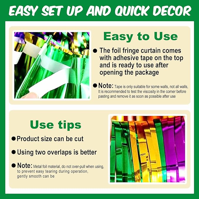 6 Pack Gold Green Purple Foil Fringe Curtains Backdrop, 3.28 x 8.2 Ft Metallic Streamers Tinsel Curtains Background for Photo Booth, Birthday, Christmas, Halloween, New Year Party Decorations