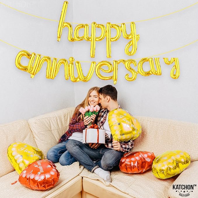 KatchOn Gold Anniversary Balloons - 16 Inch, Shiny 'Happy' Banner & Foil Balloons