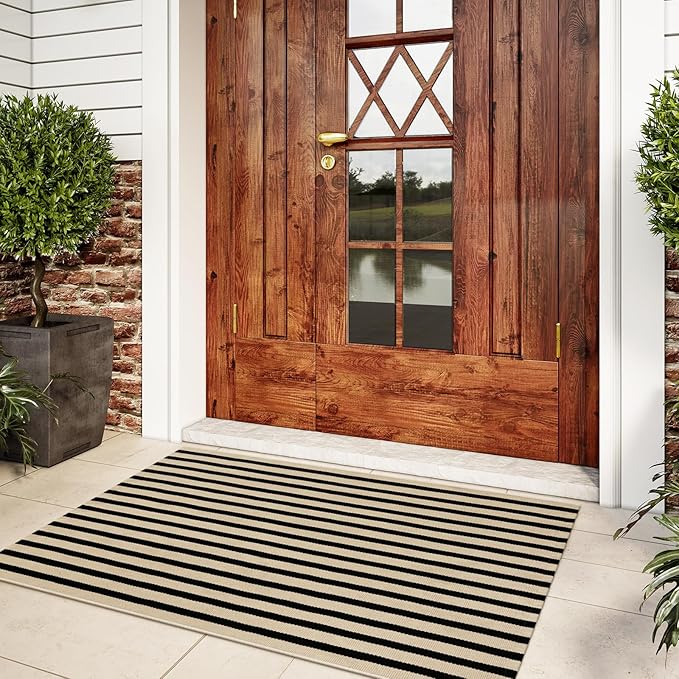 KIMODE Black and Khaki Striped Fall Outdoor Rug 27.5"x43", Washable Outdoor Front Porch Rug, Hand Woven Welcome Layered Door Mat for Entryway Front Door Autumn Pumpkin Decor