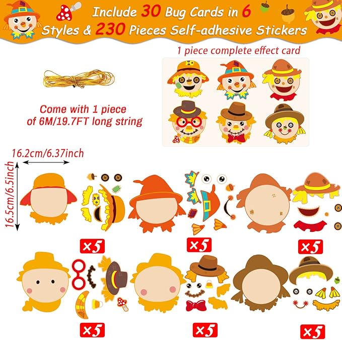 chiazllta 30 Pcs Thanksgiving Fall Crafts for Kids DIY Scarecrow Craft Kits Kindergarten Autumn Art Craft Make Your Own Scarecrow Head Set for Home Class Game Activities Preschoolers
