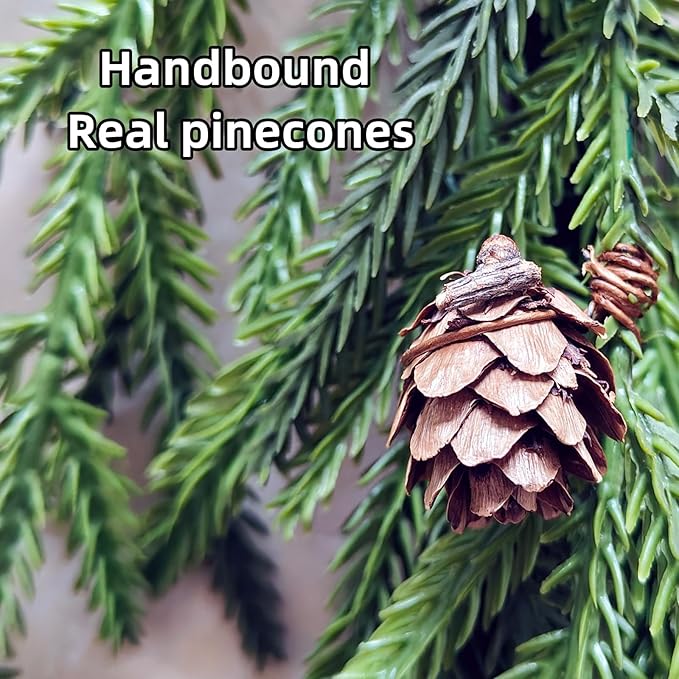 Velasko 6 FT Norfolk Pine Garland, Christmas Green Artificial Real Touch Cedar Garland, Faux Cedar with Lights, for Table, Wall, Fireplace Indoor Outdoor Decor