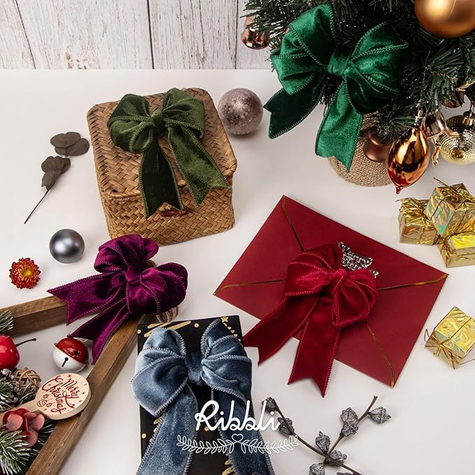 Ribbli Moss Green Velvet Wired Ribbon 1.5 Inch Velvet with Satin Christmas Ribbon for Gift Wrapping Christmas Tree Decoration Crafts Wreaths Supplies-Continuous 10 Yards