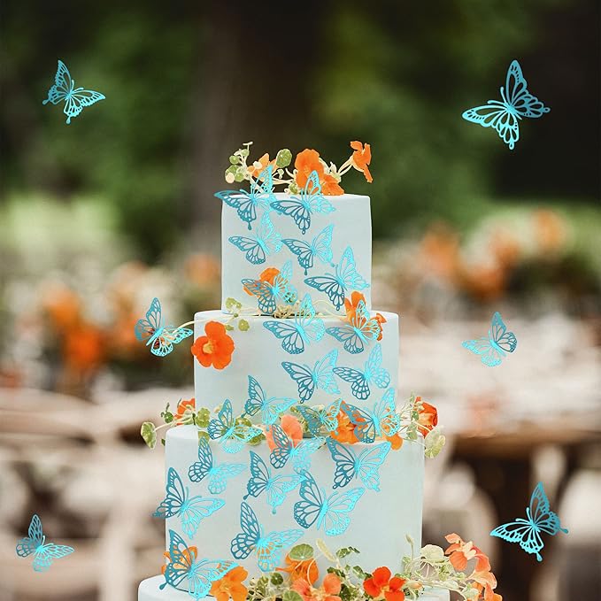 40 PCS Laser 3D Butterfly Cupcake Toppers Hollow Arts Cake Decorations for Baby Shower Wedding Fairy Birthday Party Supplies Wall Sticker Mixed Styles Sky Blue