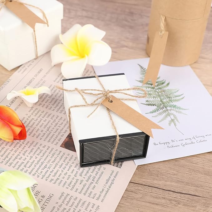 G2PLUS 100PCS Mini Kraft Paper Gift Tags with String, 2.8 x 0.8 in Blank Paper Present Tags, Brown Hang Tags with Jute Twine for DIY Arts & Crafts, Businesses, Wedding, Christmas Party Favors