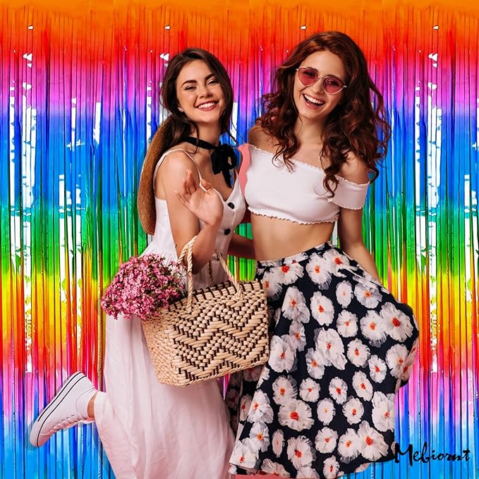 4 Pack Dark Rainbow Fringe Curtain Backdrop, 3.2Ft x 9.8Ft Metallic Tinsel Foil Fringe Streamers Background for Photo Booth Birthday Wedding Baby Shower Carnival Easter Mother’s Day Party Decorations
