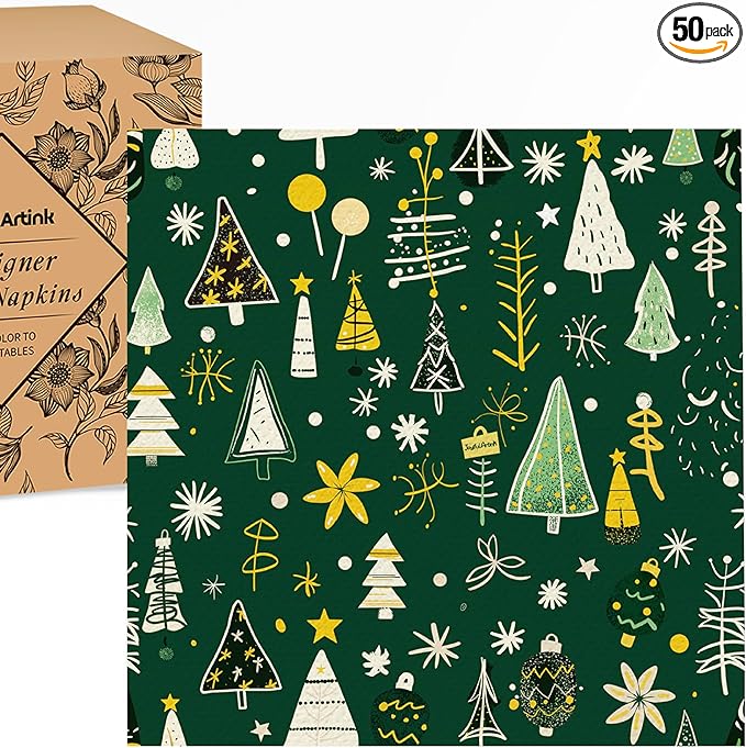 Premium Designer Paper Napkins, 3-Ply 6.5 x 6.5-inches Fold Disposable Decorative Winter Guest Christmas Holly Green Festive New Year Tree Party Lunch Dinner Napkin (50, Festive Green)
