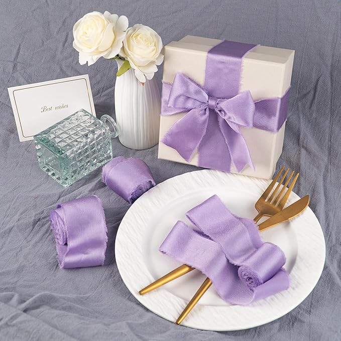 Satin Silk Ribbon, Purple Ribbon for Wrapping, 1-1/2 inch x 15 Yd Handmade Frayed Fringe Ribbons, for Wedding Engagement Birthday Showers Crafts Flower Bouquets Invitation Decor, 3 Rolls