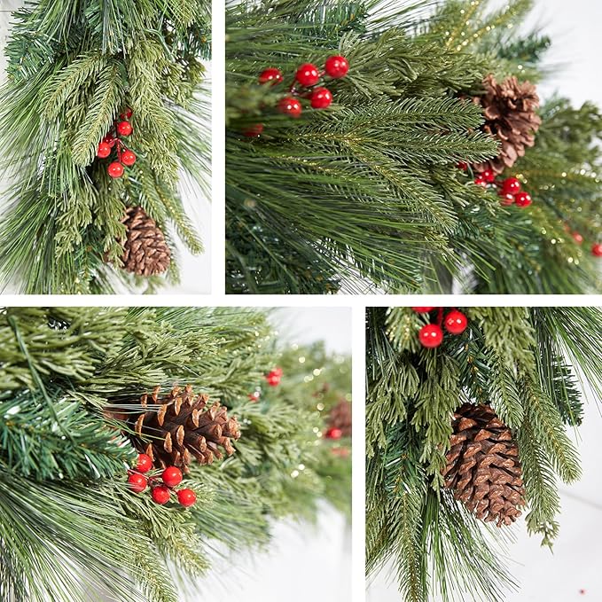 WBHome Real Touch Mixed Evergreen with Pinecones Foliage Prelit Garland, Winter Greenery Garland for Christmas Holiday Seasonal Outdoor/Indoor Home Decor Mantle, 6FT Long