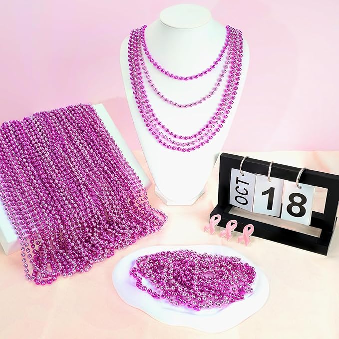 24 PCS Hot Pink Beads Necklaces, 33‘’ Pink Mardi Gras Beads, Round Cancer Beaded Necklace, Party Necklace for Mardi Gras, Christmas, Valentine's Day Party Favors