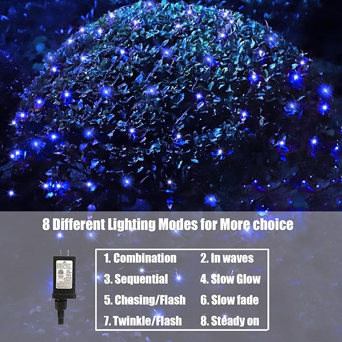Blue Christmas Net Lights Outdoor 5ft x 6ft Connectable, 120Led 8 Modes Waterproof Black Wire 29V Plug in Mesh Net Christmas Lights for Garden, Yard, Bushes, Trunk, Xmas Tree Decor (Blue)