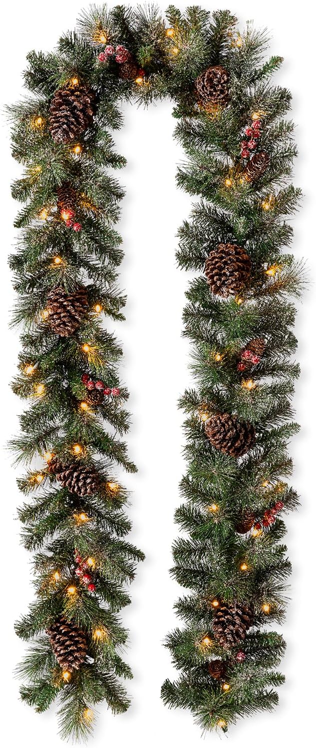 Glitzhome 9ft Prelit Christmas Garland, Glittered Greenery Garland Artificial Pine Garland with Pine Cones Berries, Christmas Garland with Lights and Timer for Mantle, Fireplace, Stairs Decorations