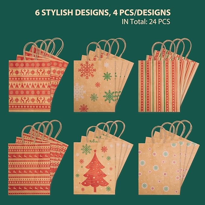 MESHA Christmas Gift bags 24Pcs 8.6x7x3.3'' Kraft Paper Bags with Handles Bulk for Gifts Holiday Xmas Goodie, Party Favors, Candy, Treat