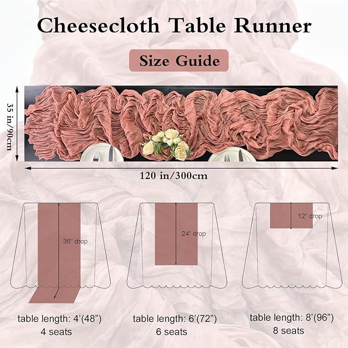 Booque Valley 6 Pack Dusty Blush Cheesecloth Table Runner 10ft Super Soft Boho Wrinkled Gauze Sheer Cloth for Baby Shower Baptism Birthday Party Wedding Centerpiece Table Decoration, 35x120 Inch