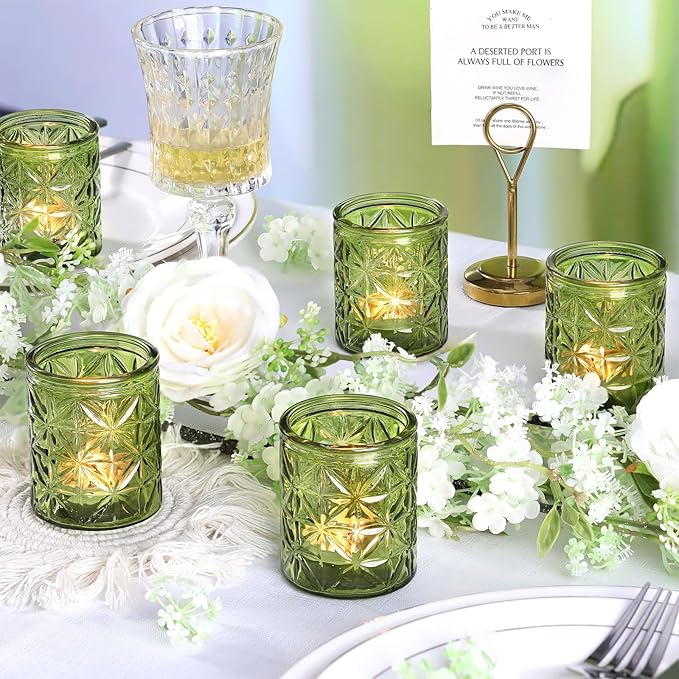 Green Votive Candle Holders Set of 12-Vintage Green Candle Holder for Wedding,Tea Light Candle Holders for Home Table Centerpieces Decor,Glass Candle Holder for Baby Shower & Bridal Shower