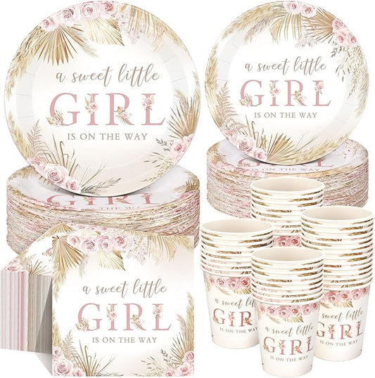 250 Pcs Boho Baby Shower Decorations for Girls Pink Floral Baby Shower Plates Napkins and Cups a Sweet Little Girl Is on the Way Pink Flower Spring Birthday Party Supplies, Serve 50 Guests