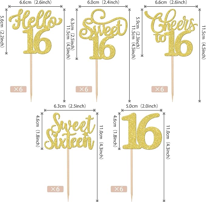 30PCS Happy 16th Birthday Cupcake Toppers Glitter Sweet Sixteen Hello 16 Cupcake Picks Cheers to 16 Birthday Decorations for 16th Birthday Anniversary Party Cake Decoration Supplies Gold