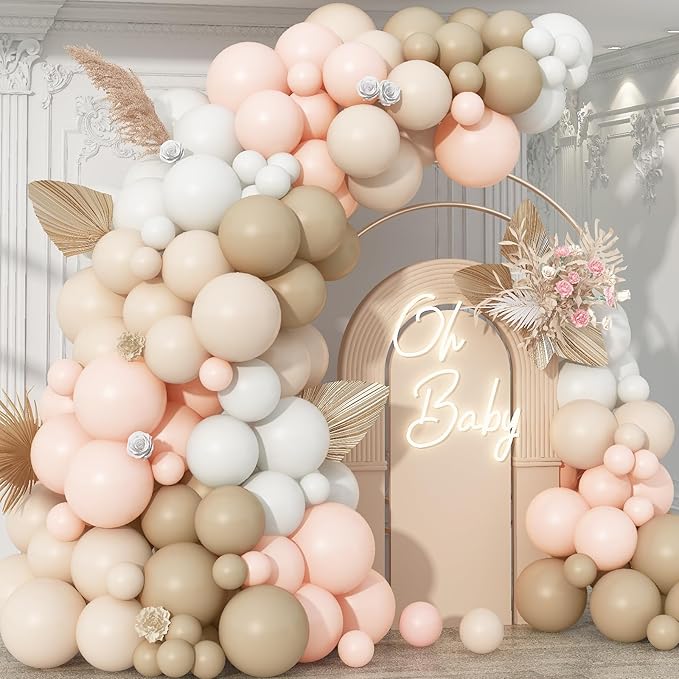 Neutral Balloons Arch Kit, Cream Peach Boho Balloons Garland with Double Stuffed Sand White Balloon and Light Pink Balloon for Baby Shower Birthday Wedding Bridal Shower Party Decorations