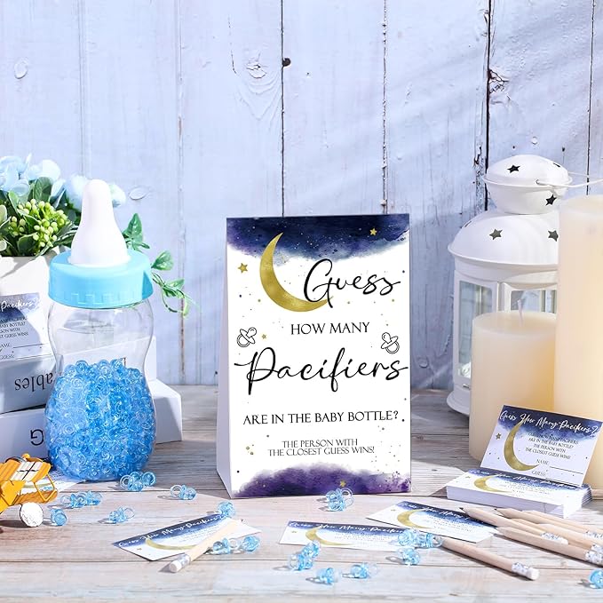Roowest 512 Pcs Baby Shower Games Guess How Many Pacifiers Sign 100 Small Guessing Games 10 HB Pencils 750ml Milk Bottle 400 Acrylic Pacifiers Decoration for Guest Gender Reveal(Blue,Moon)