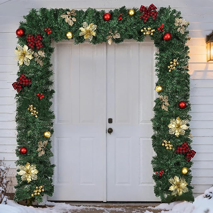 9FT Christmas Garland with Lights, Pre-Lit Garland for Christmas Decorations with, Bows, Berries, Balls, Flowers, Leaves, 50 LED Lights，Battery Powered Outdoor Indoor Christma Decorations