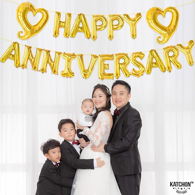 KatchOn, Gold Happy Anniversary Balloons Letters - 18 Inch, Heart Balloons Foil | Gold Happy Anniversary Banner for happy anniversary Decorations