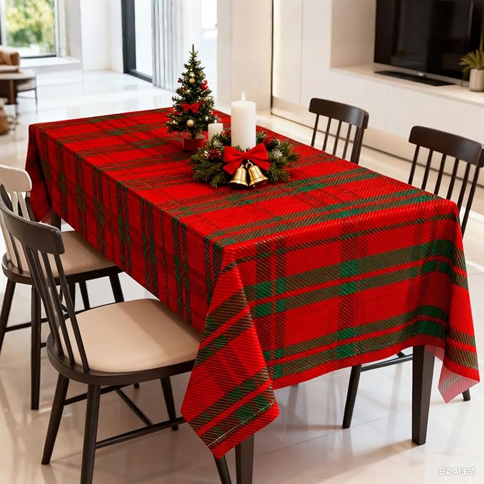 Mornajina 4 Packs 108 x 54 Inch Buffalo Checkered Plaid Merry Christmas Party Tablecloth Decorations Disposable Plastic Red and Green Xmas Rectangle Table Cloth (Buffalo Plaid)