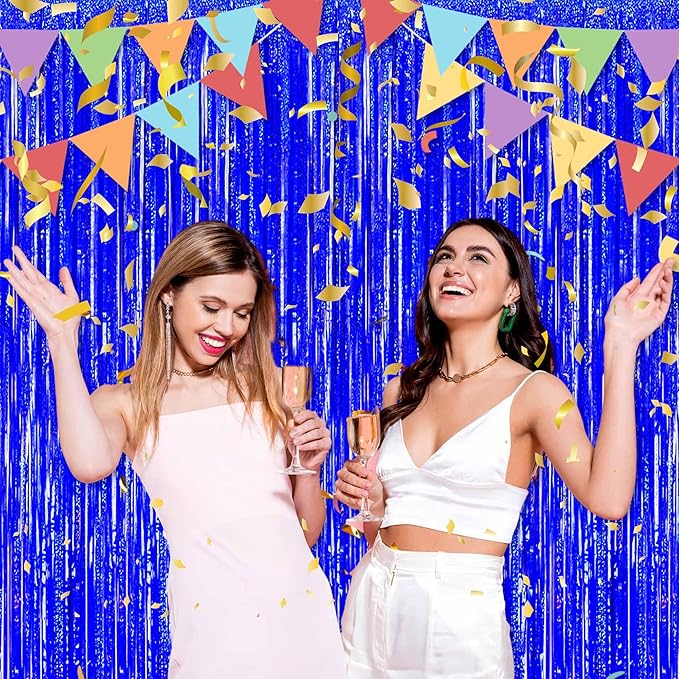 3 Pack Blue Foil Fringe Curtains Backdrop, 3.28 x 8.2 Ft Metallic Streamers Tinsel Curtains Background for Photo Booth, Birthday, Christmas, Halloween, Thanksgiving, New Year Party Decorations