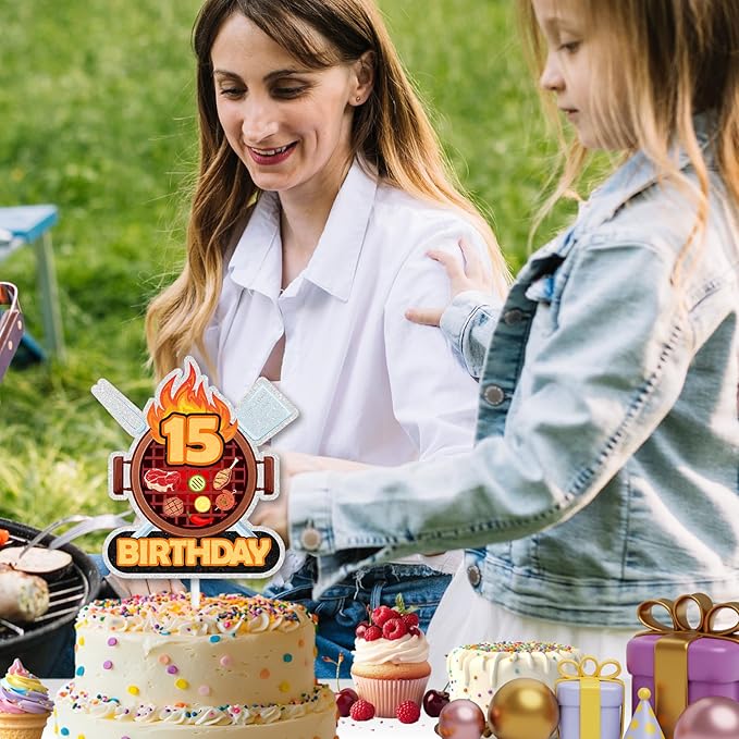 Barbecue Cake Topper Teen BBQ Theme 15th Birthday Happy Sausage Kebab Decoration, Boy and Girl Birthday Party, Summer Outdoor Picnic Party, Anniversary Friend Family Gathering Cooking Grill Decoration