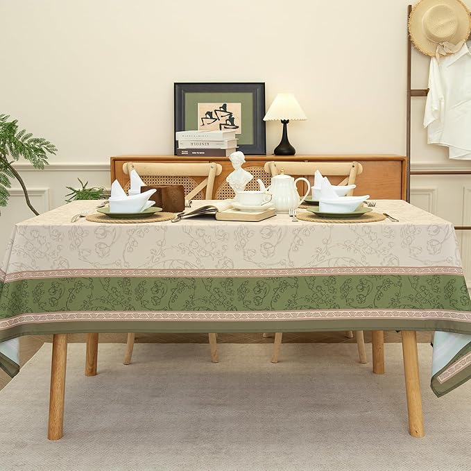 Green Floral Toile Tablecloth Waterproof- Rectangular Vintage Table Cover for Kitchen Parties Coffee Tables, Boho Table Cloth Perfect for Spring Home Decor, W60 x L84