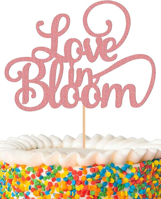 Love in Bloom Cake Topper - Glitter Pink Bridal Shower Cake Decoration, Wedding & Engagement Cake Pick (Pink)